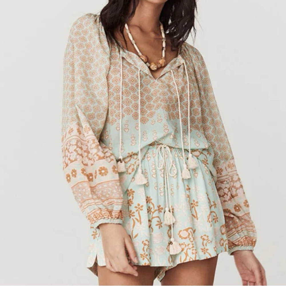 Spell Green Puff Sleeve Blouse with Tie Front
